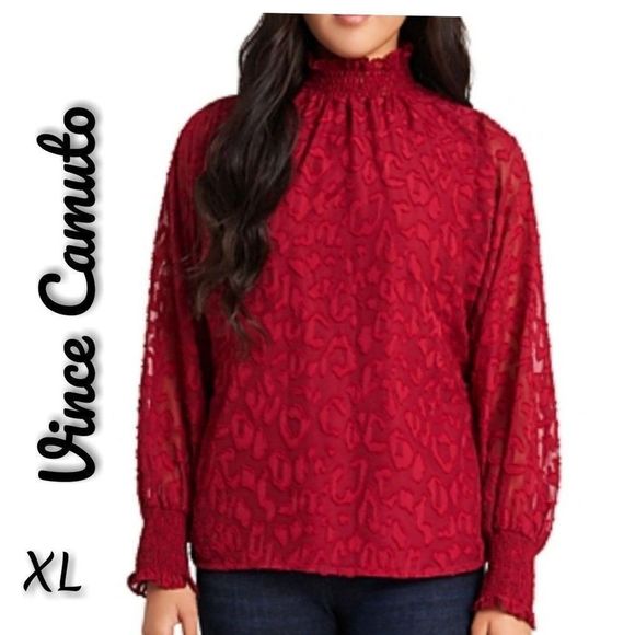 VINCE CAMUTO ANIMAL PRINT SMOCKED NECK TOP RED XL - Picture 1 of 7